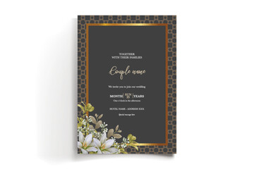 WEDDING INVITATION FRAME WITH FLOWER DECORATIONS AND FRESH LEAVES
