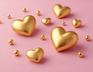 Fototapeta premium Golden Hearts and Spheres on Pink Background Perfect for Celebrations