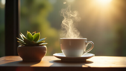 Cozy Minimalist Coffee Cup & Succulent Table Setting for Brand Engagement