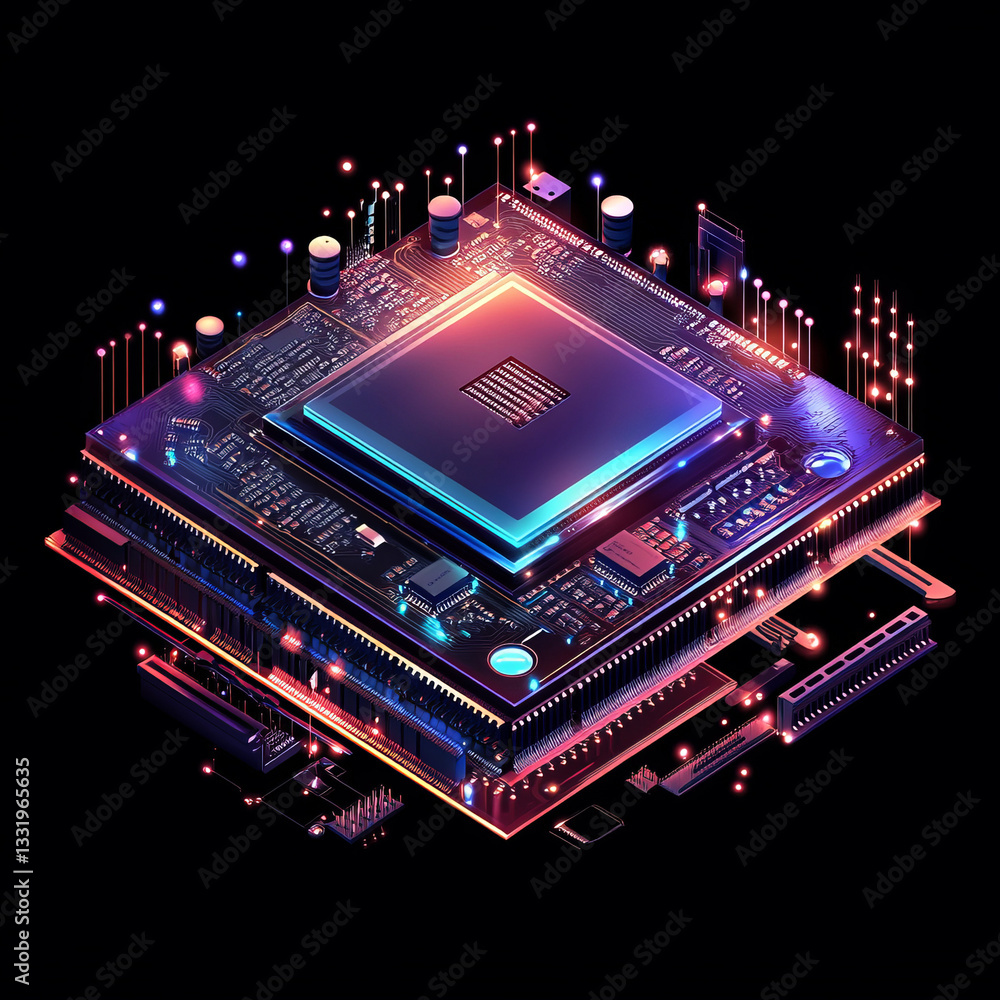 Aufkleber isometric digital rendering of cpu and circuitry in vibrant colors