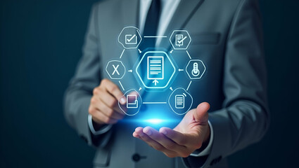 Hand Reviewing Holographic Digital Policy Document with Checklists and Certification Icons in Photo Stock Concept - Emphasizing Empty Space for Creative Design