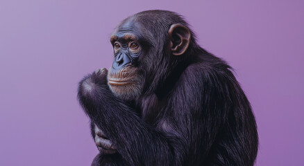 Fototapeta premium Um chimpanzé sentado contra um fundo lilás