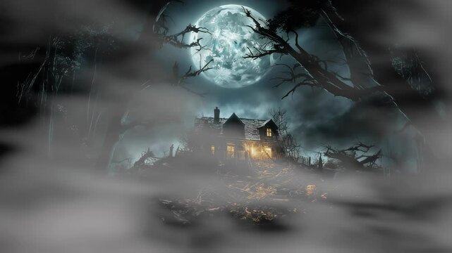 Spooky haunted house in a dark forest under a full moon. Halloween concept for horror visuals, scary stories, and atmospheric background footage with copy space.