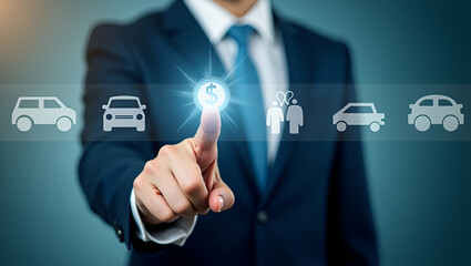 Smart Businessman Clicks Insurance Icons for Online Coverage Options