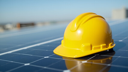 Flat Yellow Safety Helmet on Solar Cell Panels: Emphasizing Safety in Renewable Energy - A Cute Vector Illustration for Smart Business Solutions
