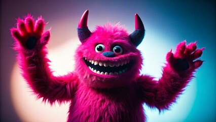 Silhouette of a Smiling Pink Monster Waving - Cute Cartoon Character