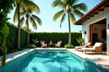 Serene Poolside Oasis A Picturesque Private Retreat with Lush Greenery, Inviting Seating, and a Sparkling Pool Reflecting Palm Trees