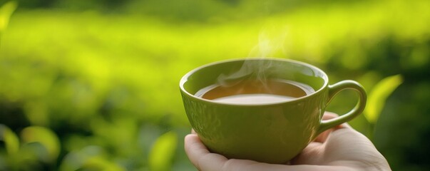A green mug of hot tea is held against a green background