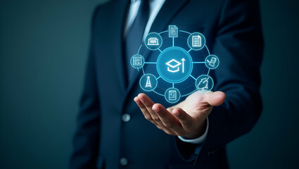 Flat Businessman Engaging with Holographic Job Search Icons: Resumes, Graduation Caps & Global Networking