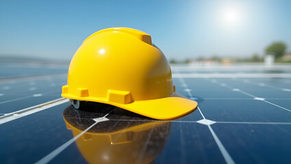 Flat Yellow Safety Helmet on Solar Panel: A Cute Vector Illustration of Workplace Safety & Renewable Energy