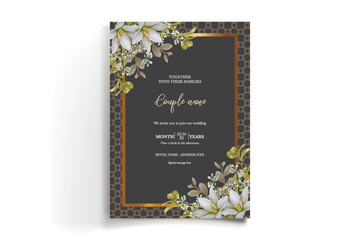 WEDDING INVITATION FRAME WITH FLOWER DECORATIONS AND FRESH LEAVES