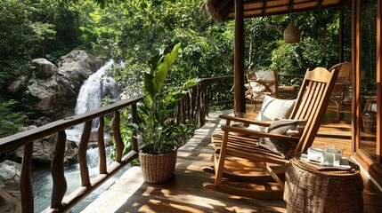 Obraz premium A tranquil wooden porch overlooking a lush waterfall and nature