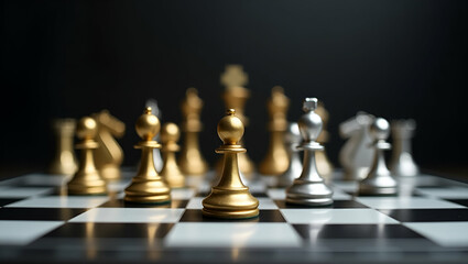 Flat Gold and Silver Chess Pieces on a Chessboard: A Cute Vector Illustration Symbolizing Business Strategies and Leadership Concepts in Corporate Settings