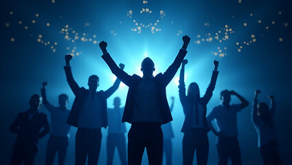 Celebrating Success: Flat Business Team Raising Fists in Air - A Glowing Blue Low Polygon Design Symbolizing Victory and Achievement in Corporate Culture