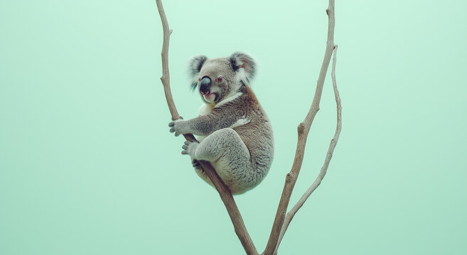 Um coala empoleirado em um fundo verde menta