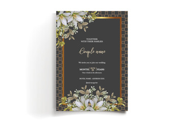 WEDDING INVITATION FRAME WITH FLOWER DECORATIONS AND FRESH LEAVES