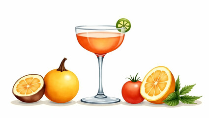 Watercolor Illustration of Farm to Glass Craft Cocktails: Fresh Ingredients & Mixology Techniques on White Background - Perfect for Photo Stock & Design Concepts with Empty Space