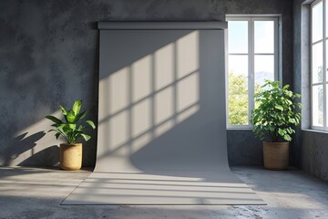 Fototapeta premium Optimal Gray Background for Product Display Utilizing Natural Light and Shadow Effects from Windows