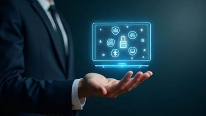 Hand holding holographic scam alert device displaying fraud phishing malware icons symbolizing online threats and data protection in empty space concept as Hand holds holographic scam alert device dis