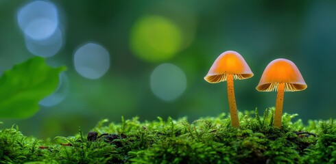 Fototapeta premium Two vibrant orange mushrooms grow atop lush green moss, set against a soft, blurred background of natural greenery.