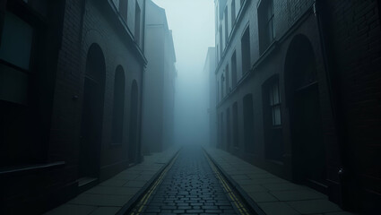 Fototapeta premium Atmospheric Victorian London Alley Enveloped in Dense Fog: A Mysterious and Suspenseful Photo Stock Concept with Intrigue Around Every Corner and Empty Space for Text