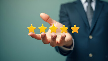 Flat Customer Experience Concept: Client's Hand Showcasing Five-Star Rating for Excellent Service and Top Product Feedback in a Cute Vector Illustration for Smart Business