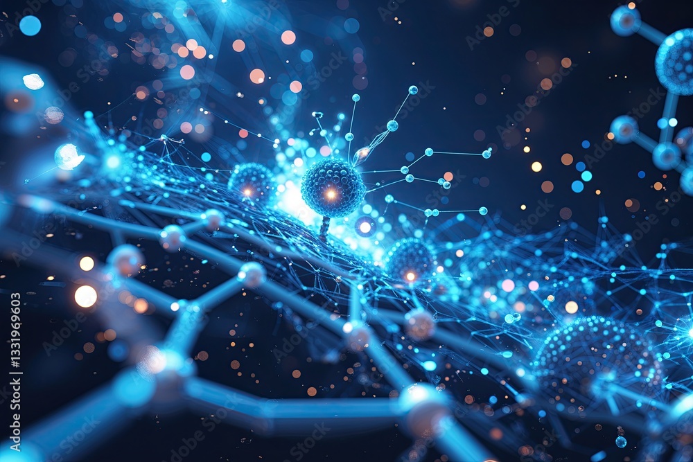 Poster dynamic blue abstract technology background featuring molecular elements and light effects
