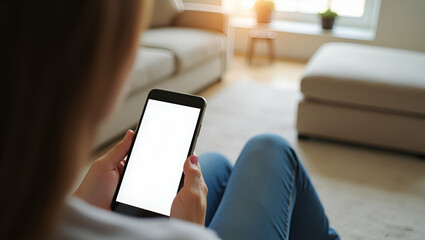 Woman Relaxing on Sofa with Smartphone: Perfect Blank White Screen for Digital Marketing Mockups in Living Room - Ideal Photo Stock Concept with Copy Space