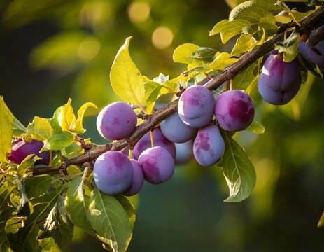 Branche de prunier avec ses fruits et ses feuilles 