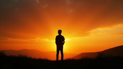Obraz premium Emotional Silhouette of a Boy Against a Sunset: Artistic Photography Concept with Scenic Background