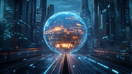 A futuristic cityscape with a glowing sphere in the center