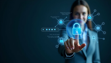 Woman Using Holographic Interface for Secure Login: Data Protection & Cybersecurity Concepts