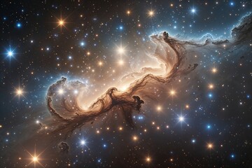 Naklejka premium Mesmerizing Nebula with Brilliant Stars and Glimmering Cosmic Particles in a Surreal Universe