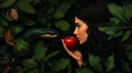 Eve in the garden of Eden, next to the snake, holding a red apple in her hand