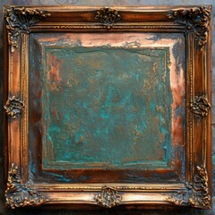 Rusty iron with patina framed in copper under metallic soft lighting.  Generated AI