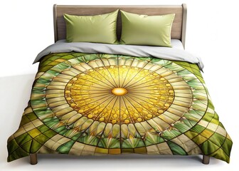 Wave glow panoramic comforter, radial burst stained glass, olive mustard.