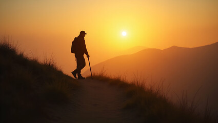 Determined Man Climbing Hill at Sunrise: Resilience in Nature