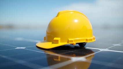 Flat Yellow Safety Helmet on Solar Cell Panels: Emphasizing Safety in Renewable Energy - A Cute Vector Illustration for Smart Business Solutions