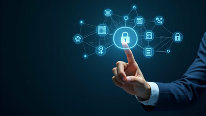 Fototapeta premium Flat Hand Engaging with Holographic Digital Banking Interface: Exploring Financial Services, Data Security, Currency Exchange, and Payment Icons in a Modern Banking Transformation