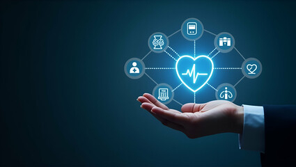 Flat Hand Engaging with Holographic Health Insurance Interface: A Cute Vector Illustration Showcasing Medical Shield, Hospital, Doctor, and Emergency Care Icons for Quality Medical Services