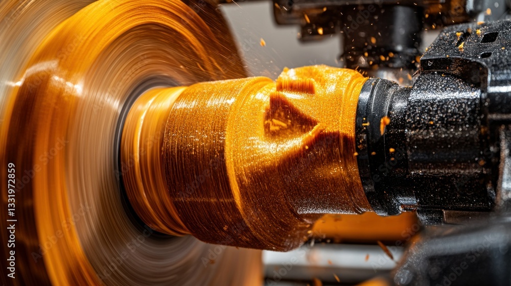 Poster close up showing a milling machine cutting a cylindrical object