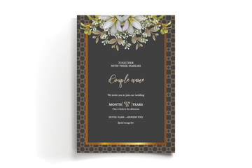 WEDDING INVITATION FRAME WITH FLOWER DECORATIONS AND FRESH LEAVES