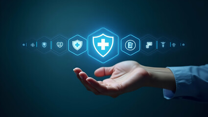 Flat Hand interacting with holographic Health Insurance interface displaying medical shield hospital doctor medicine emergency care icons representing quality medical services in empty space concept a