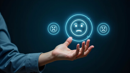 Fototapeta premium Hand Interacting with Holographic Customer Satisfaction Survey Interface: Engaging with Happy, Neutral, and Sad Face Icons for Enhanced Customer Feedback and Experience Ratings in Stock Photo Concept