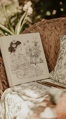 Woman drawing flowers, botanical art book, garden setting, serene atmosphere, for blogs, websites, or publications