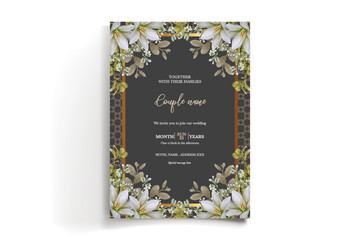 WEDDING INVITATION FRAME WITH FLOWER DECORATIONS AND FRESH LEAVES