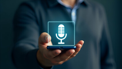 Watercolor Illustration of Man Touching Microphone Icon on Smartphone for Voice Recording, Audio Messages, and AI Internet Search - Concept with Empty Space