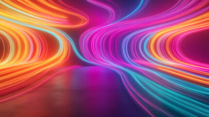 Abstract Neon Lights Background with Orange, Pink and Turquoise Swirls. 3D Render.