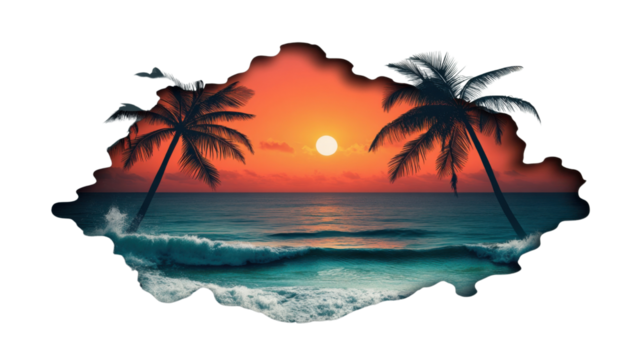 Tropical beach sunset with palm trees and ocean waves breaking on shore with transparent background
