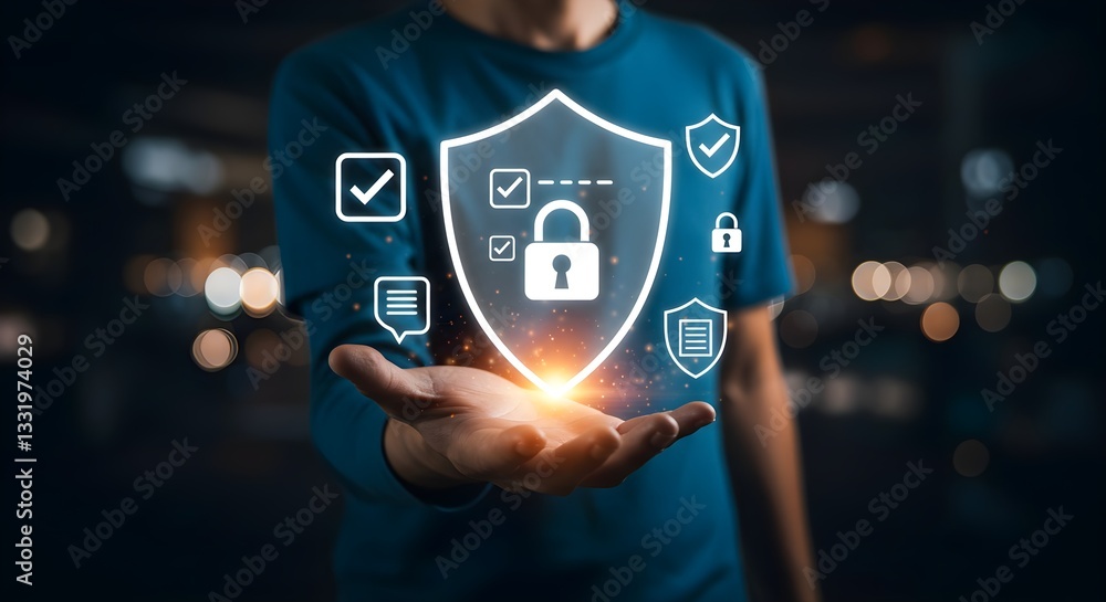 Poster a person holds a glowing shield symbolizing digital security and privacy, surrounded by icons repres